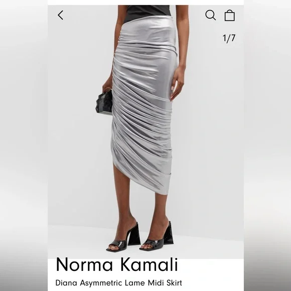 Norma Kamali NWT Diana shirred knee length skirt silver lame S. - Picture 3 of 6